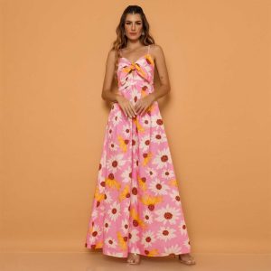 Summer Sunflower Maxi Beach Pink Dress with Boho Style