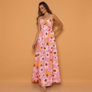 Summer Sunflower Maxi Beach Pink Dress with Boho Style